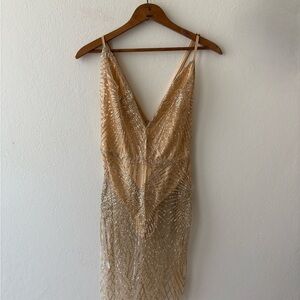 Nude Gold Sequin Fringe Mini Dress - Deep V Neck - Size XS-Gatsby Style Preowned